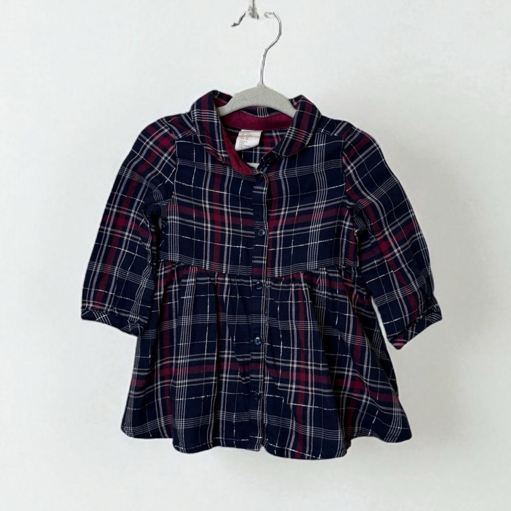 H&M Navy and Burgundy Plaid Dress |  4-6m